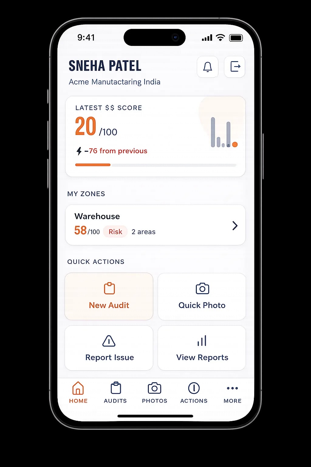 5S Pro app showing a 5S score of 20/100, warehouse zone at risk and quick actions